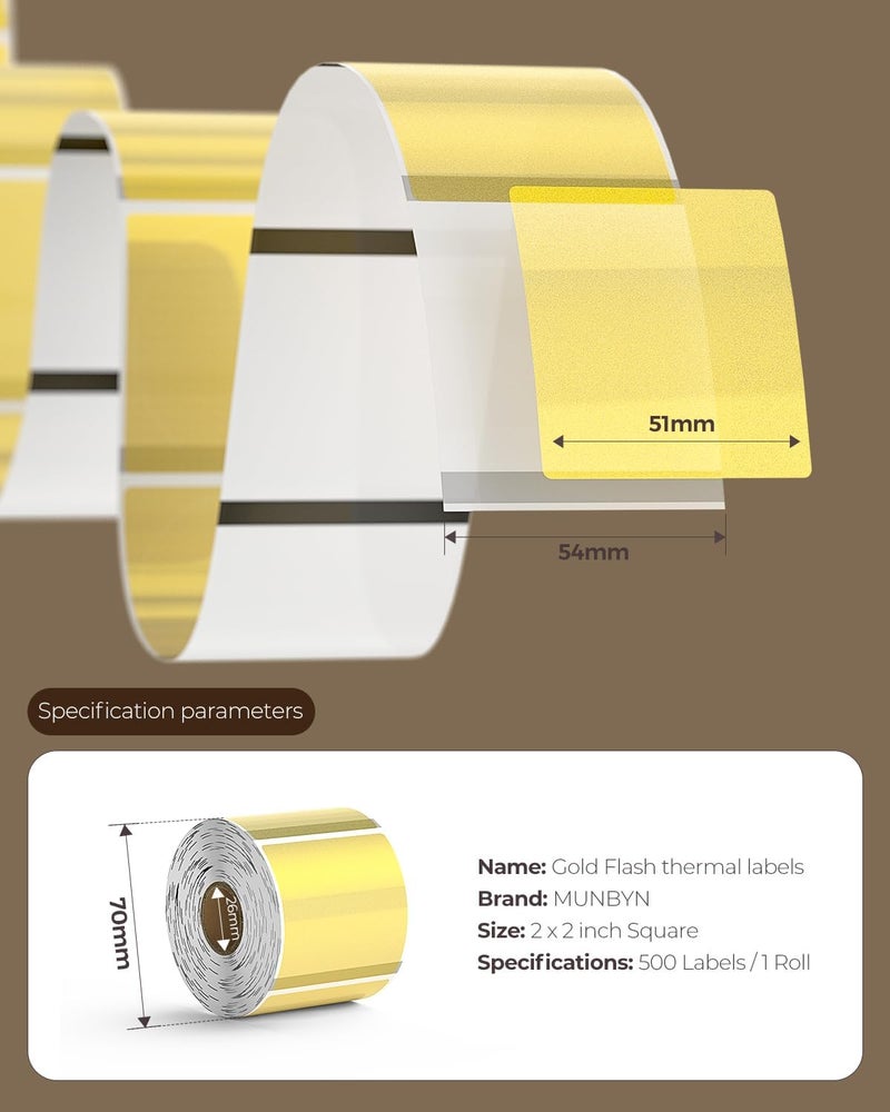 MUNBYN 2x2 Inch Gold Transparent Thermal Labels, Square Fine Glitter Printable Thermal Stickers for Small Businesses, 500 Labels/1 Roll - Image 2